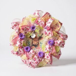 Highland Cow Bright Floral Wreath Farmhouse Western Decor Wall Art 20x21